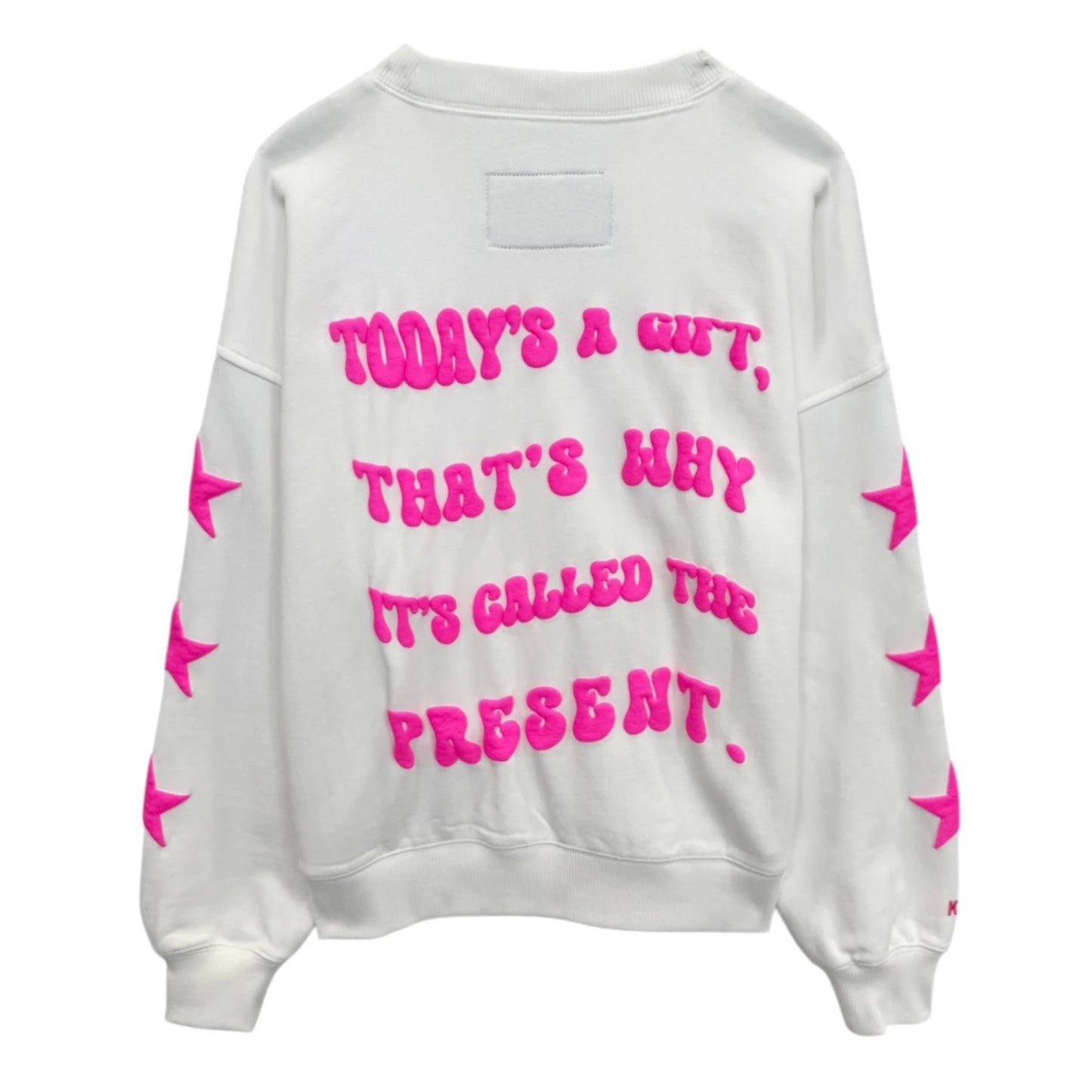 Katie J NYC Tween Leah Oversized “BE PRESENT” Sweatshirt  - Glacier Blue & Vintage White/Neon Pink