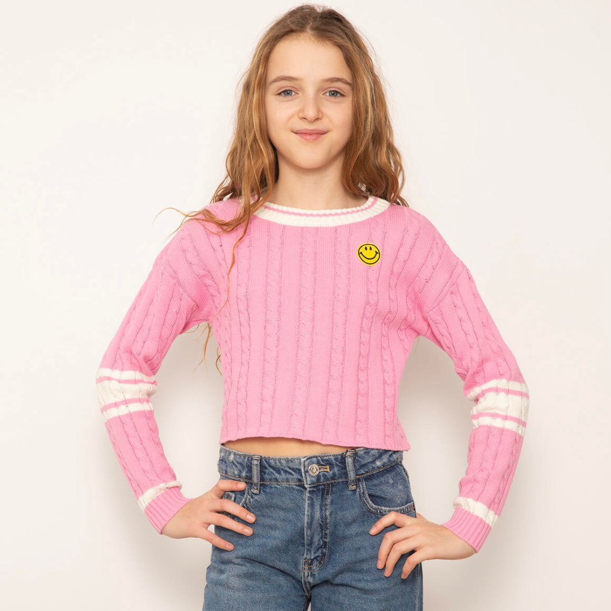 CPW Varsity Cable Crew Sweater with Smiley Patch