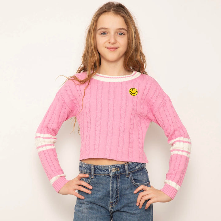 CPW Varsity Cable Crew Sweater with Smiley Patch