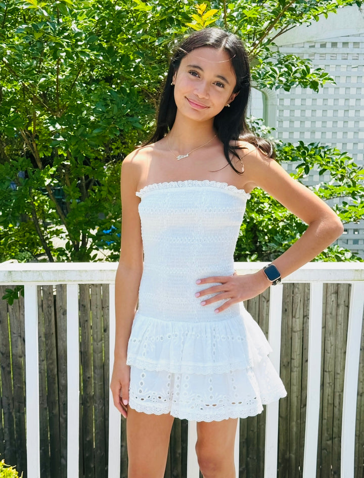 Katie J NYC  Juniors Melina Drop Waist Ruffle Dress - White Eyelet