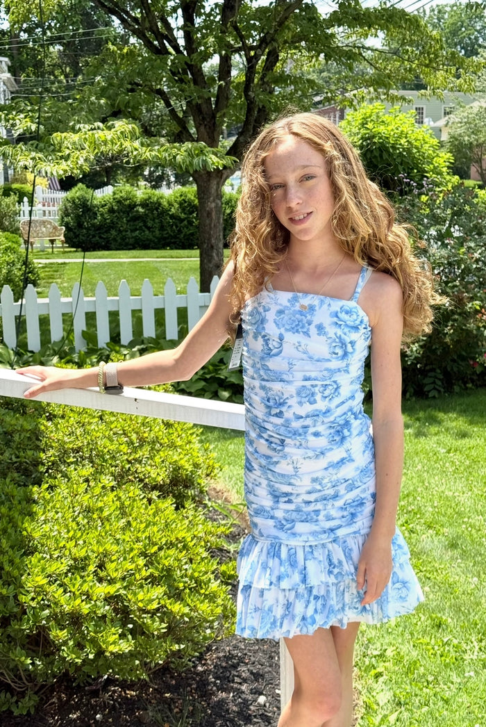 FBZ Flowers By Zoe Tween Blue Toile Net Shirred Dress