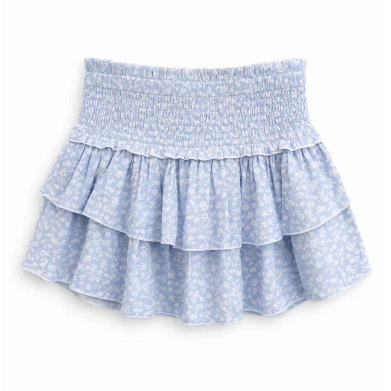 Katie J NYC Junior/Adult Bianca Sheer Printed Tiered Ruffle Skirt - Blue Ditsy Floral