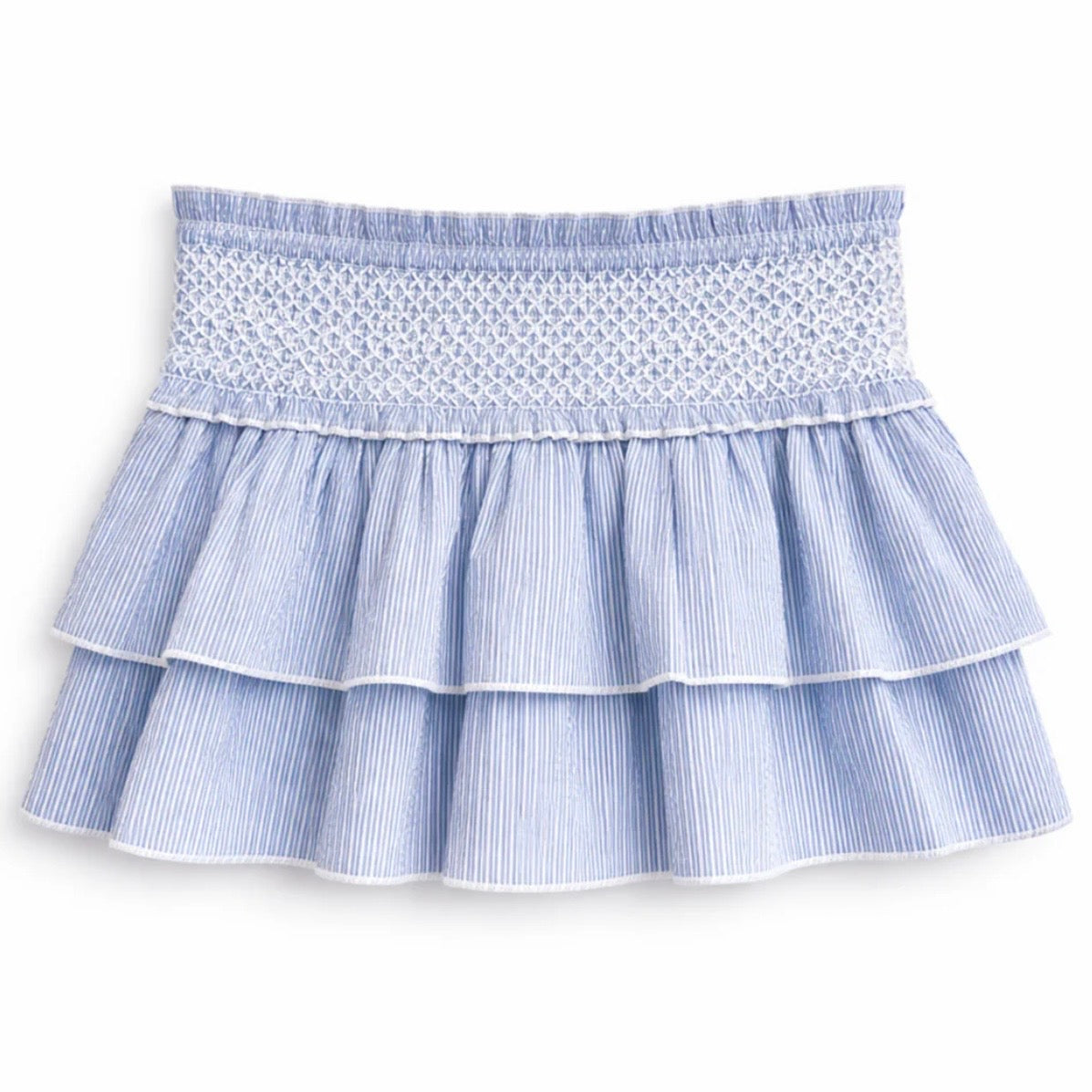 Katie J NYC Juniors Dominique Smocked Waist Ruffled Skort - Blue & White Seersucker Stripe
