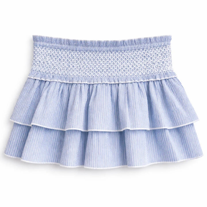 Katie J NYC Juniors Dominique Smocked Waist Ruffled Skort - Blue & White Seersucker Stripe