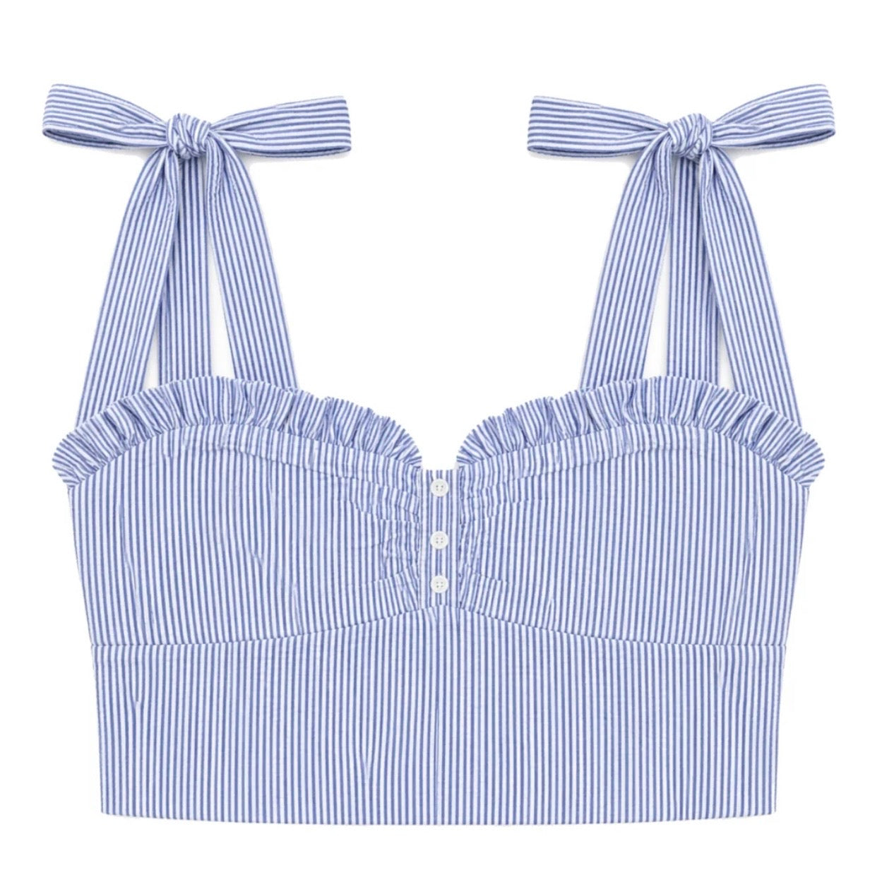 Katie J NYC Juniors/Adult Mason Tie Shoulder Top - Blue & White Seersucker Stripe