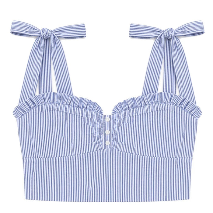 Katie J NYC Juniors/Adult Mason Tie Shoulder Top - Blue & White Seersucker Stripe