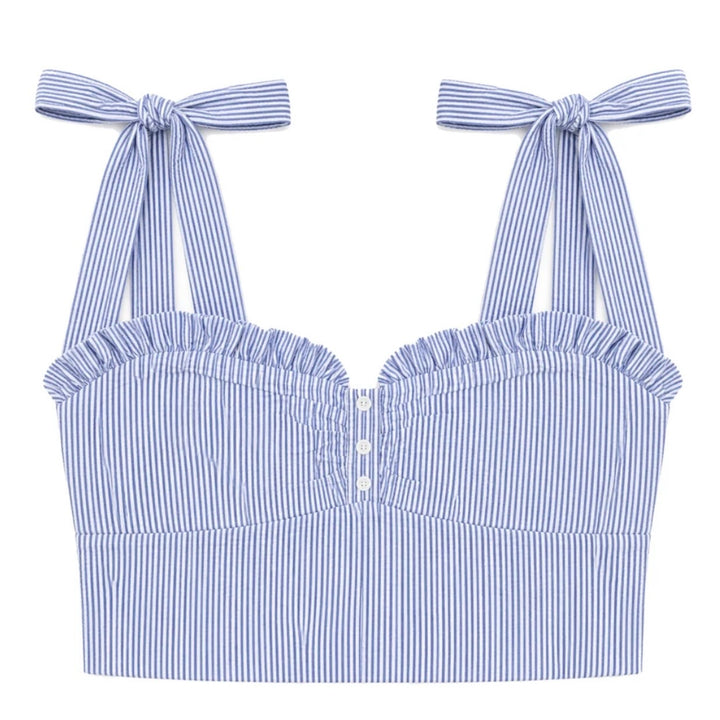 Katie J NYC Juniors/Adult Mason Tie Shoulder Top - Blue & White Seersucker Stripe