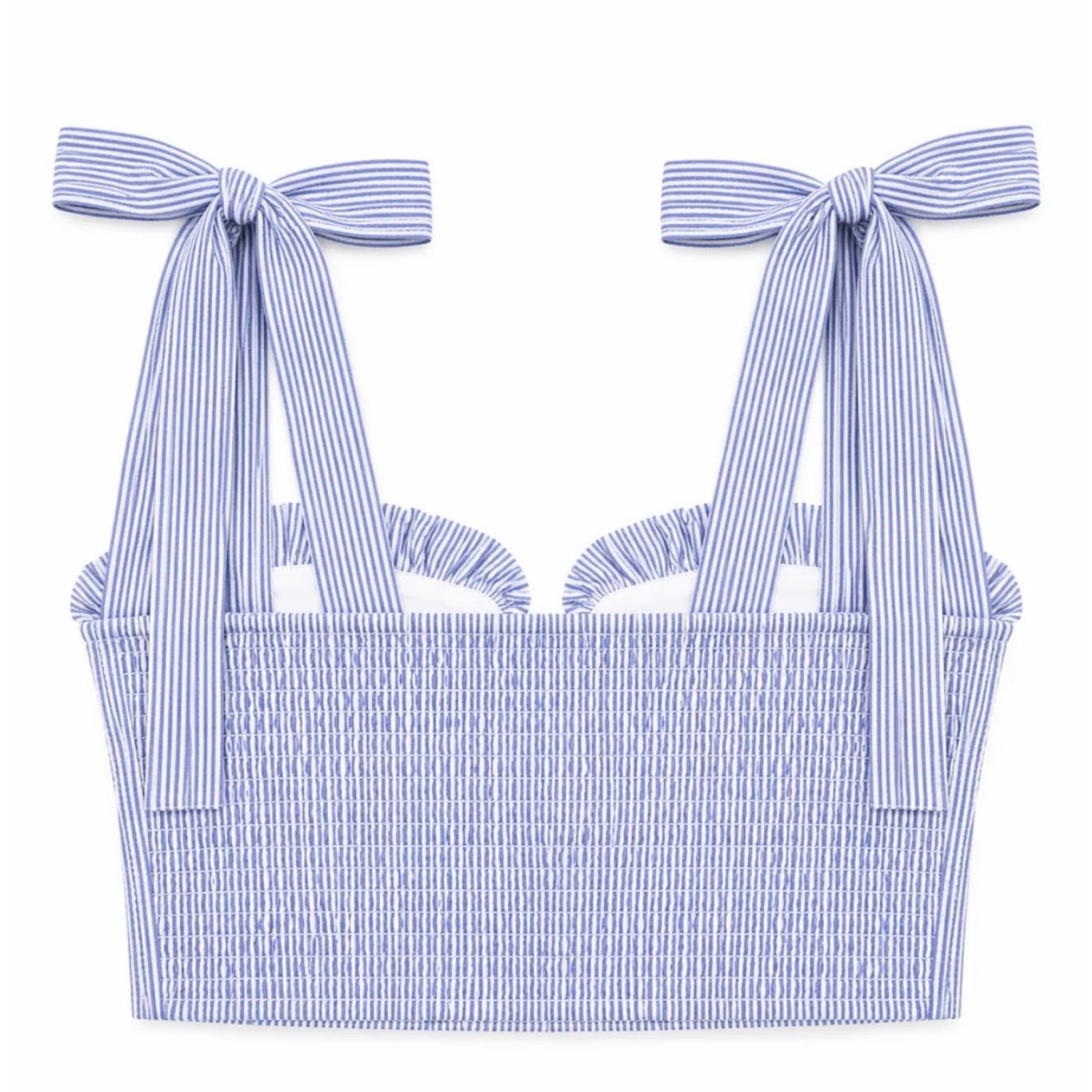 Katie J NYC Juniors/Adult Mason Tie Shoulder Top - Blue & White Seersucker Stripe