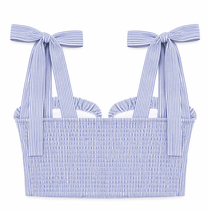 Katie J NYC Juniors/Adult Mason Tie Shoulder Top - Blue & White Seersucker Stripe