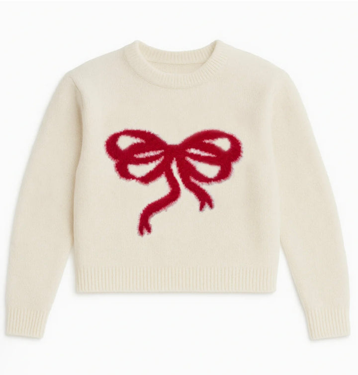 Katie J NYC Girls Tween Maggie Bow Sweater - Ivory/Red
