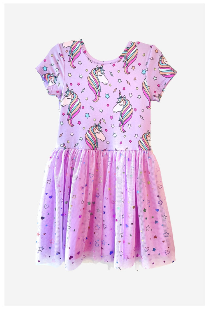 Pixie Lane Short Sleeve Be Happy Tulle Dress - Lilac Pastel Unicorn