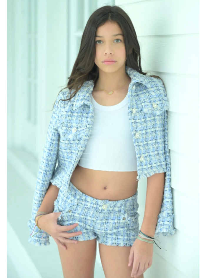 Katie J NYC  TWEEN BOUCLE CHARLIZE JACKET & ASH SHORTS & CHARLOTTE SKIRT