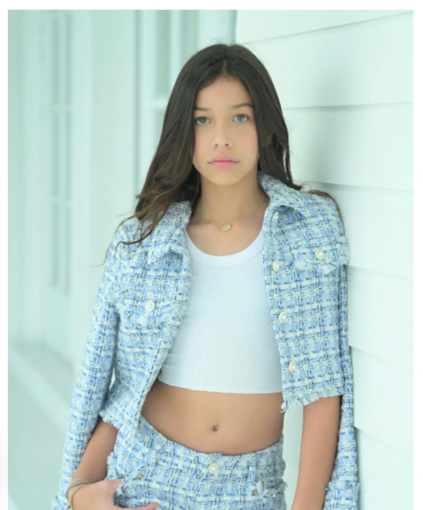 Katie J NYC  TWEEN BOUCLE CHARLIZE JACKET & ASH SHORTS & CHARLOTTE SKIRT