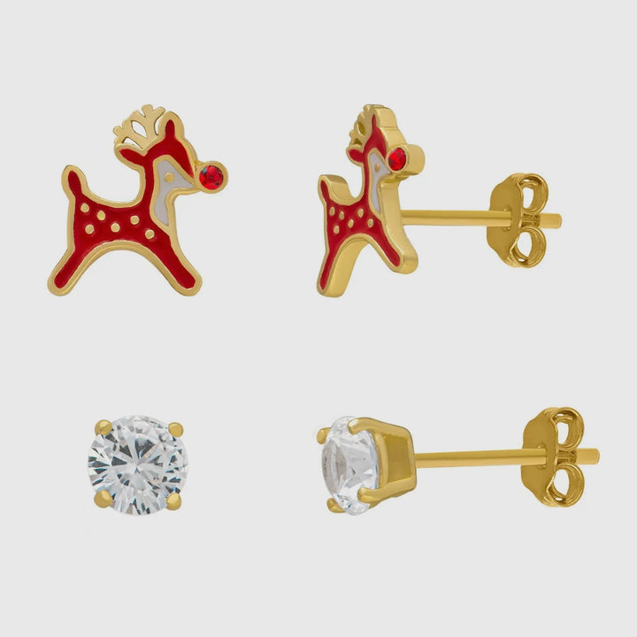 Reindeer & Lab Created White Sapphire Holiday Stud Set in Sterling Silver