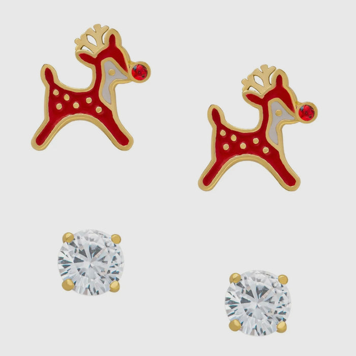 Reindeer & Lab Created White Sapphire Holiday Stud Set in Sterling Silver