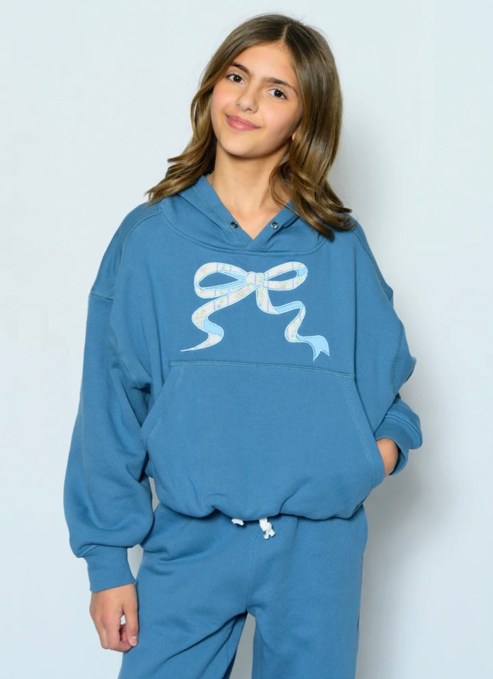 Katie J NYC Girls Tween Ryan Bubble Hoodie - Denim Blue Bow/ Vintage Bunches