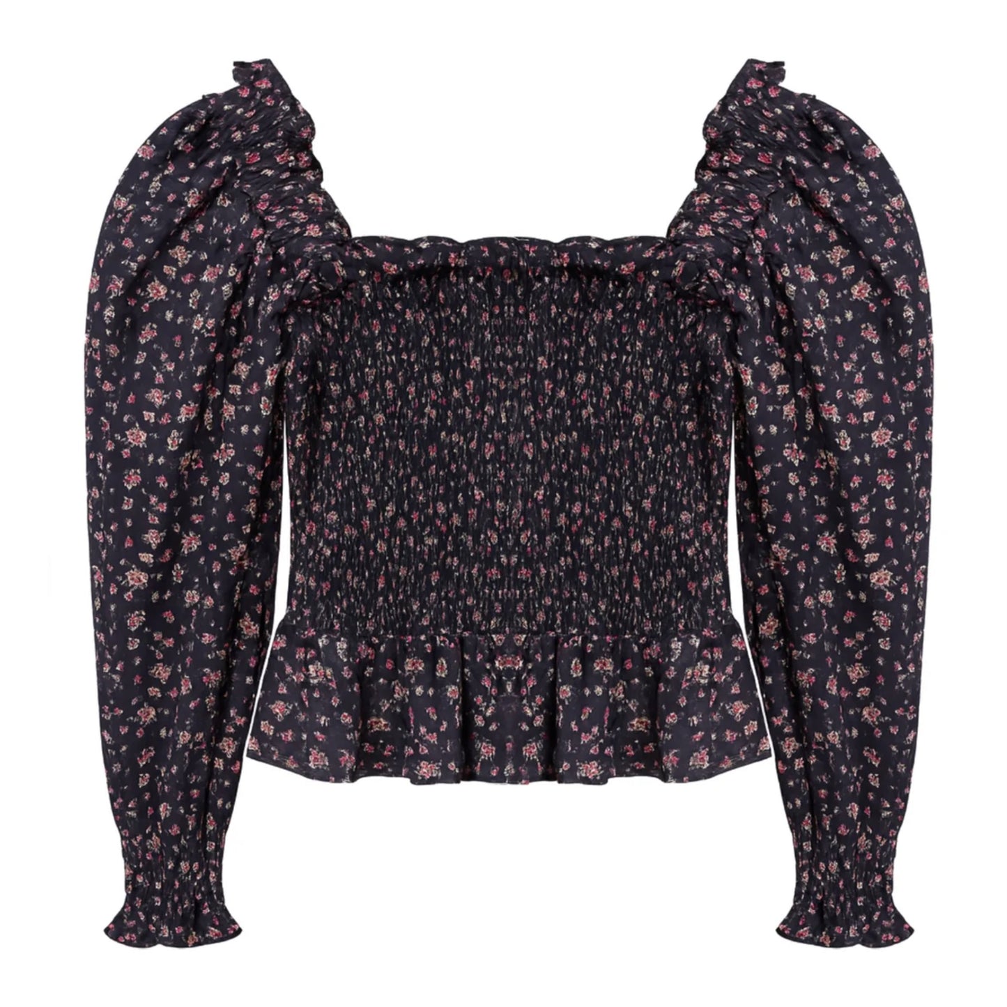 Katie J NYC Tween Girls Mikaela Printed Long Sleeve Peplum Top - Midnight Ditsy Floral