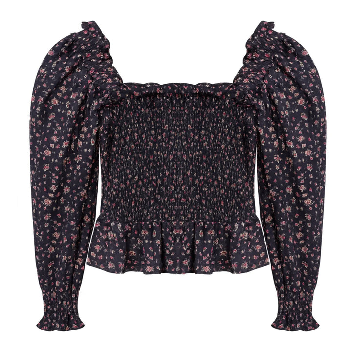 Katie J NYC Tween Girls Mikaela Printed Long Sleeve Peplum Top - Midnight Ditsy Floral