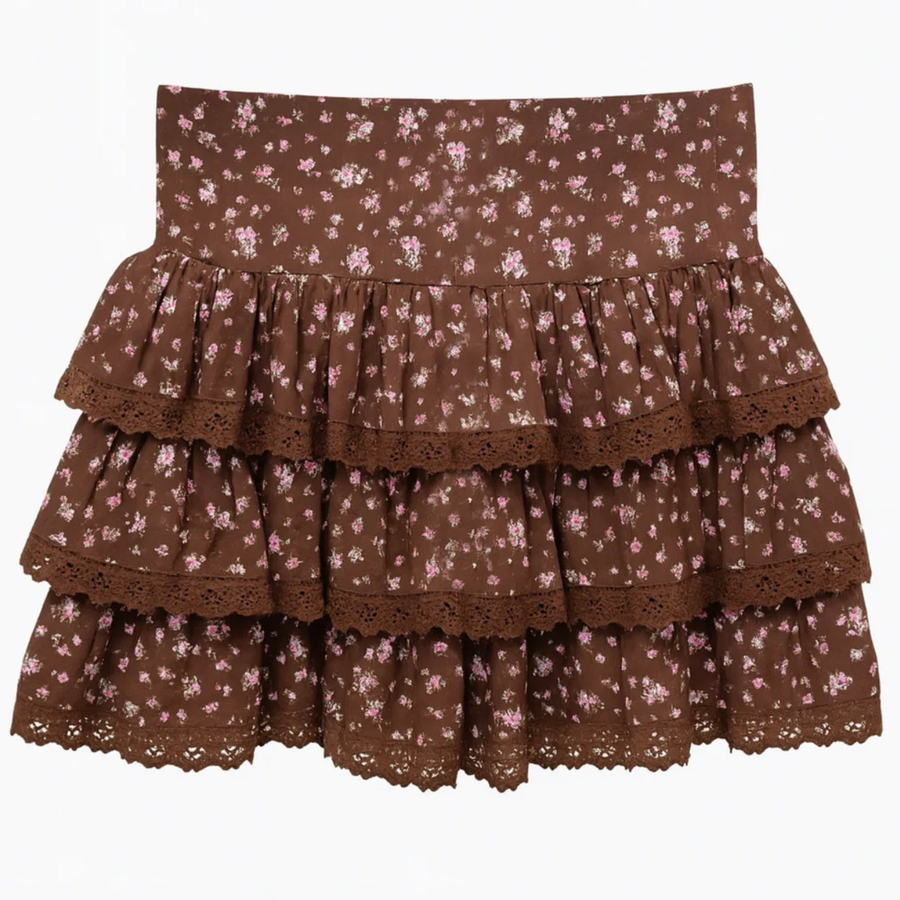 Melody skirt has a flat front waist & elastic waist at the back. It has 3 flouncy tiers, each tier had solid brown crochet lace at hem. Skirt is in a beautiful pinkish ditsy floral on a chocolate background.