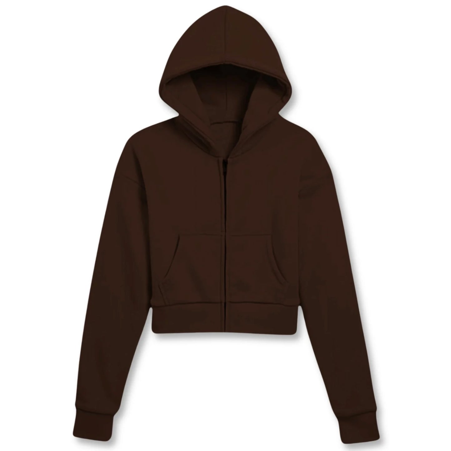 Katie J NYC Tween Dylan Crop Zip Hoodie Sweatshirt in Chocolate Brown w/ Front Kangaroo Pockets