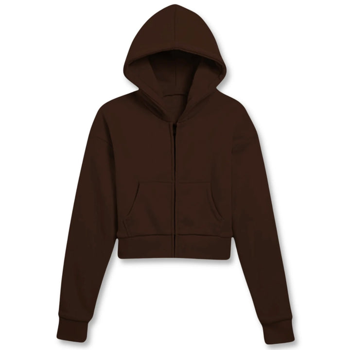 Katie J NYC Tween Dylan Crop Zip Hoodie Sweatshirt in Chocolate Brown w/ Front Kangaroo Pockets