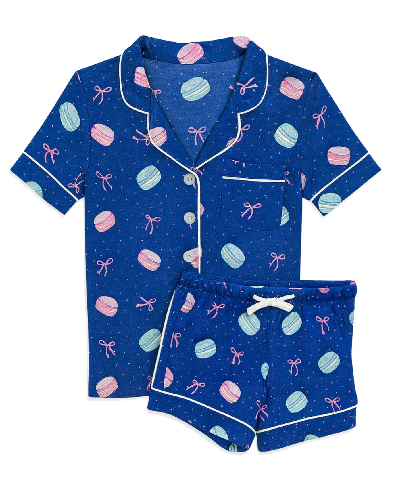 Katie J NYC’s Tween Lynn Pajamas in Macaron print in royal Blue ground with light pink & lt blue macarons & punk bows