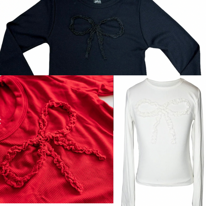 FBZ Tweens Stitched Lace Bow Rib Long Sleeve Top