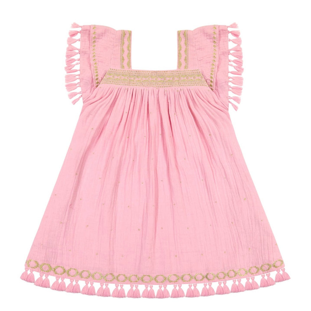 Mer St. Barth Girls Serena Tassel Dress - Rose Gold Embroidery I Love Sweet Treatz Mer St. Barth Girls Serena Tassel Dress - Rose Gold Embroidery I Love Sweet Treatz