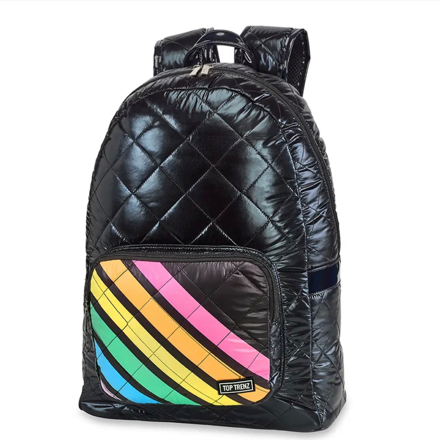 Top Trenz Black Diamond Stitch Puffer Backpack w/Angle Stripe Pocket