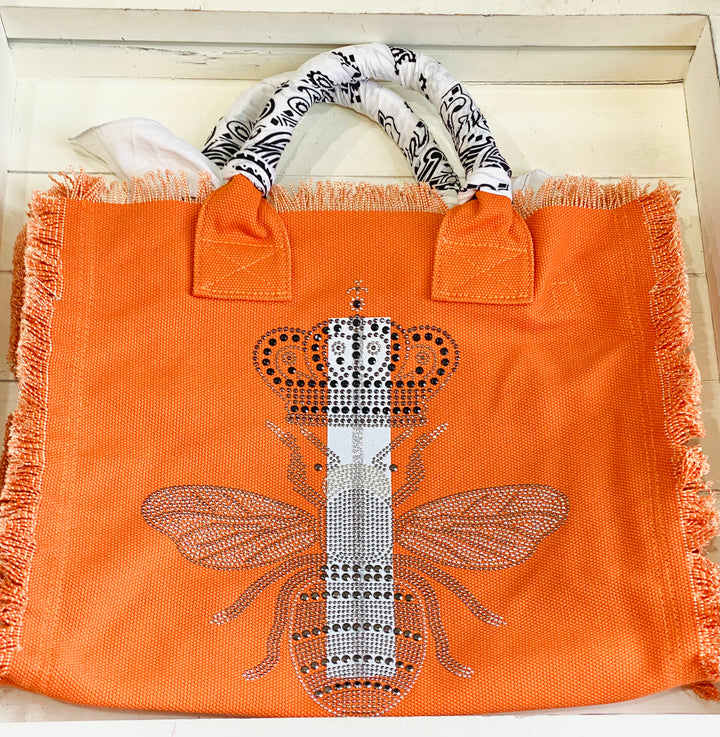 HIPCHICK COUTURE -  Queen Bee Fringe Canvas Bandana Orange Tote
