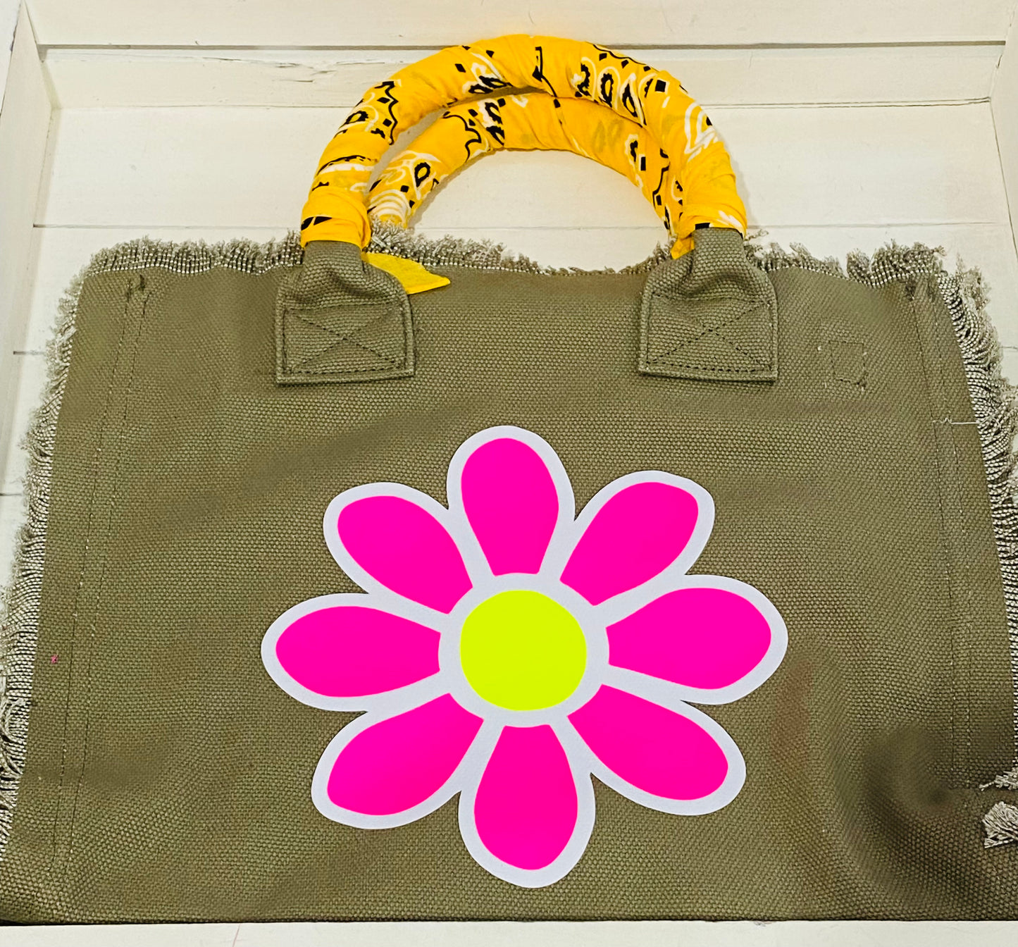 HIPCHICK COUTURE -  Pink Flower Fringe Canvas Bandana Olive Canvas Tote