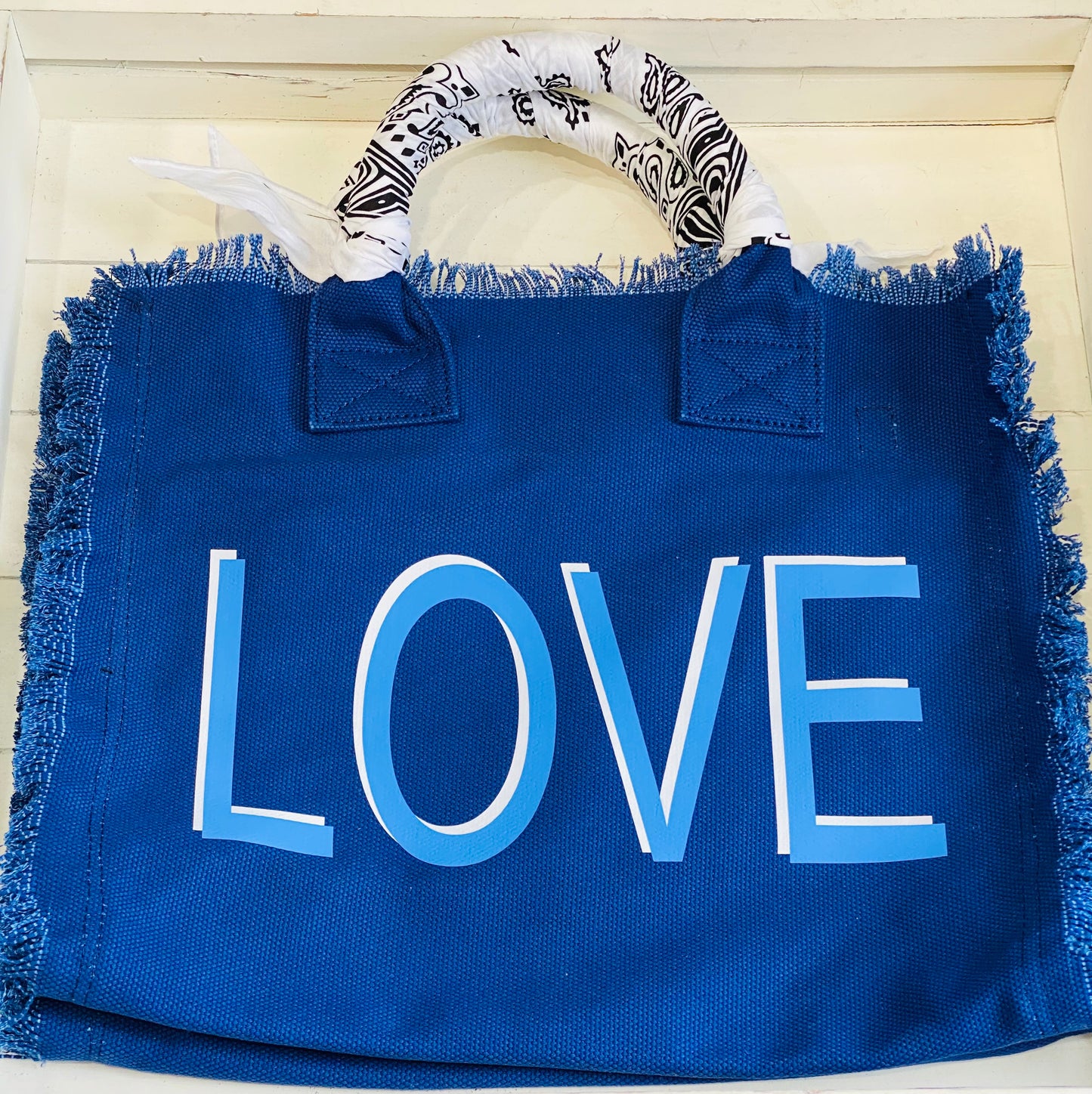 HIPCHICK COUTURE - Love Fringe Canvas Bandana Blue Tote