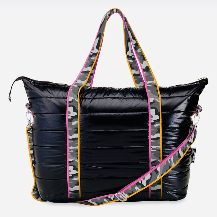Top Trenz Black Puffer Tote Weekender Bag w/ Grey Camo Straps