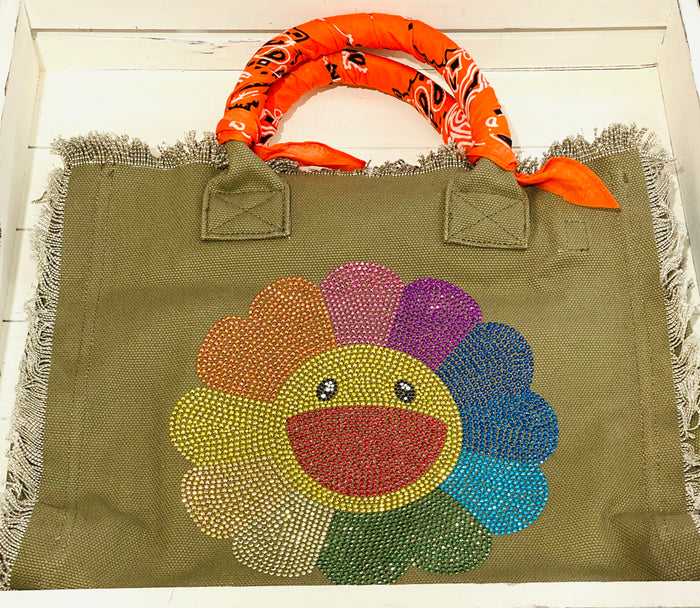 HIPCHICK COUTURE - Murakami Flower Fringe Canvas Bandana Olive Tote