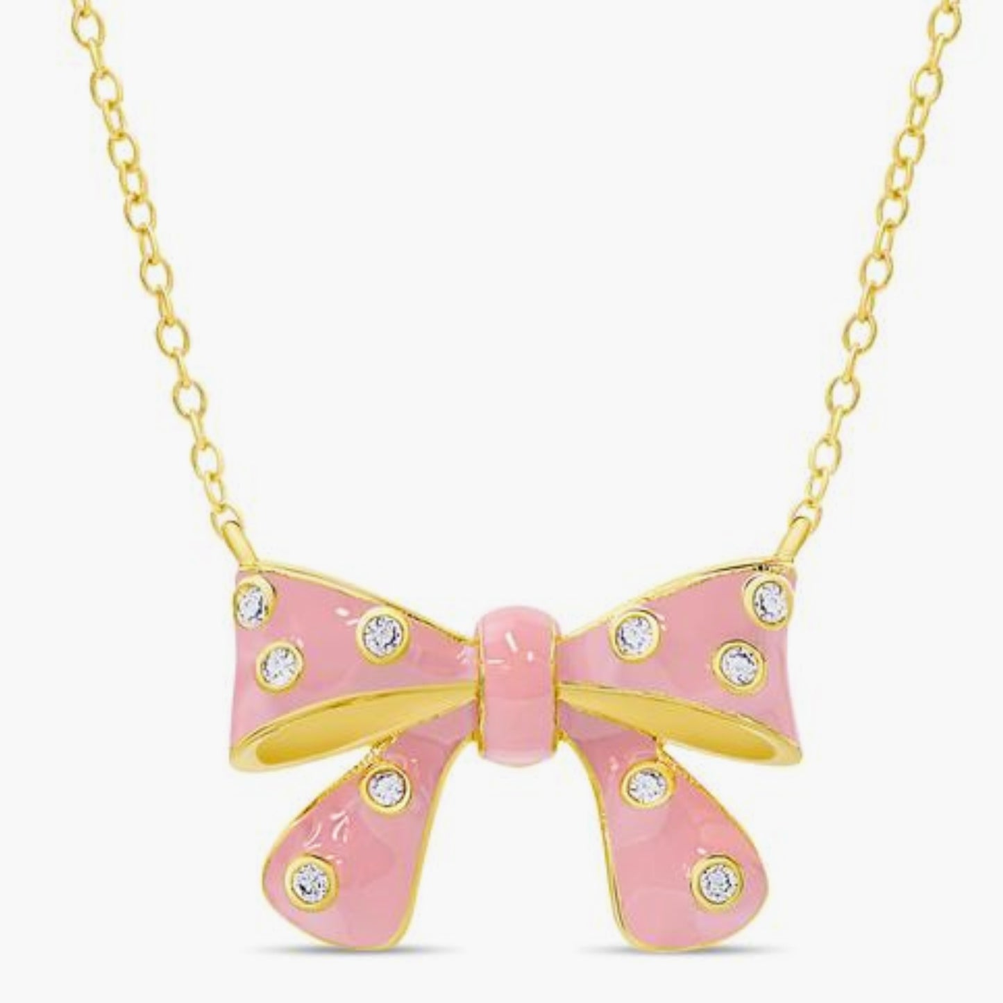 Pink Enamel Bow Necklace with CZ’s