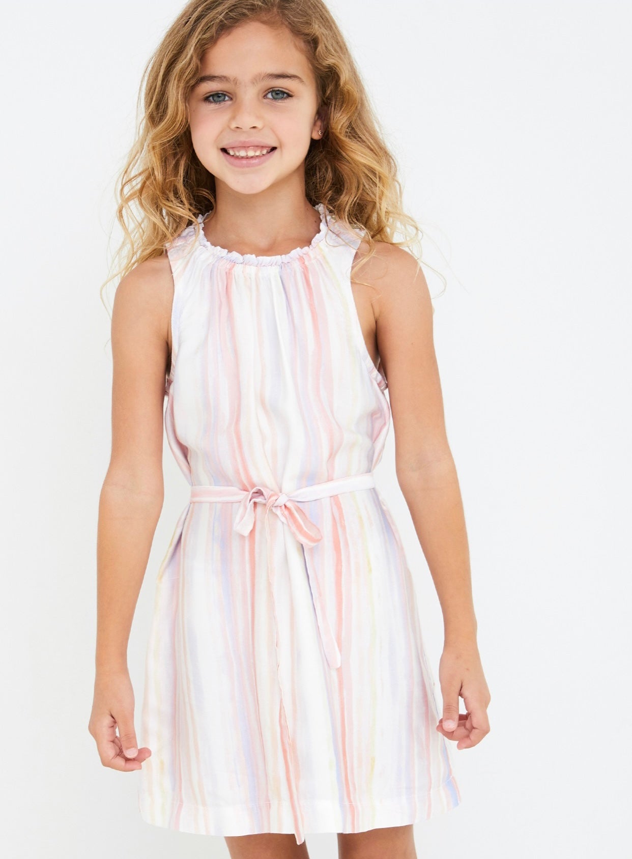 Bella Dahl Girls Stripe Ruffle Neck Button Shoulder Dress