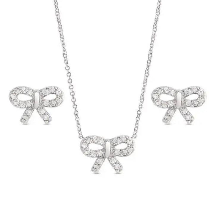 CZ Bow Pendant And Stud Earrings Set In Sterling Silver