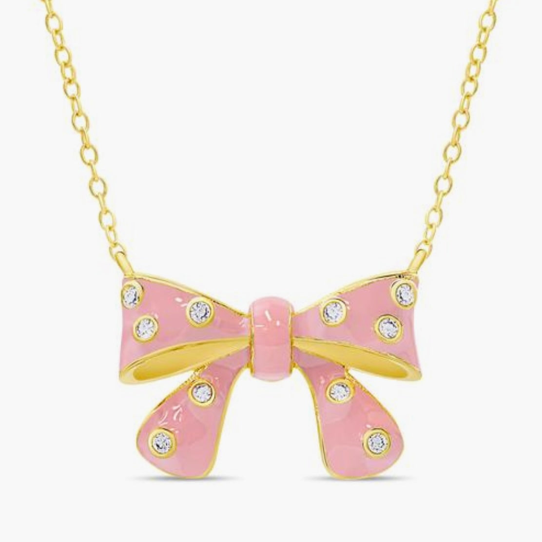 Pink Enamel Bow Necklace with CZ’s