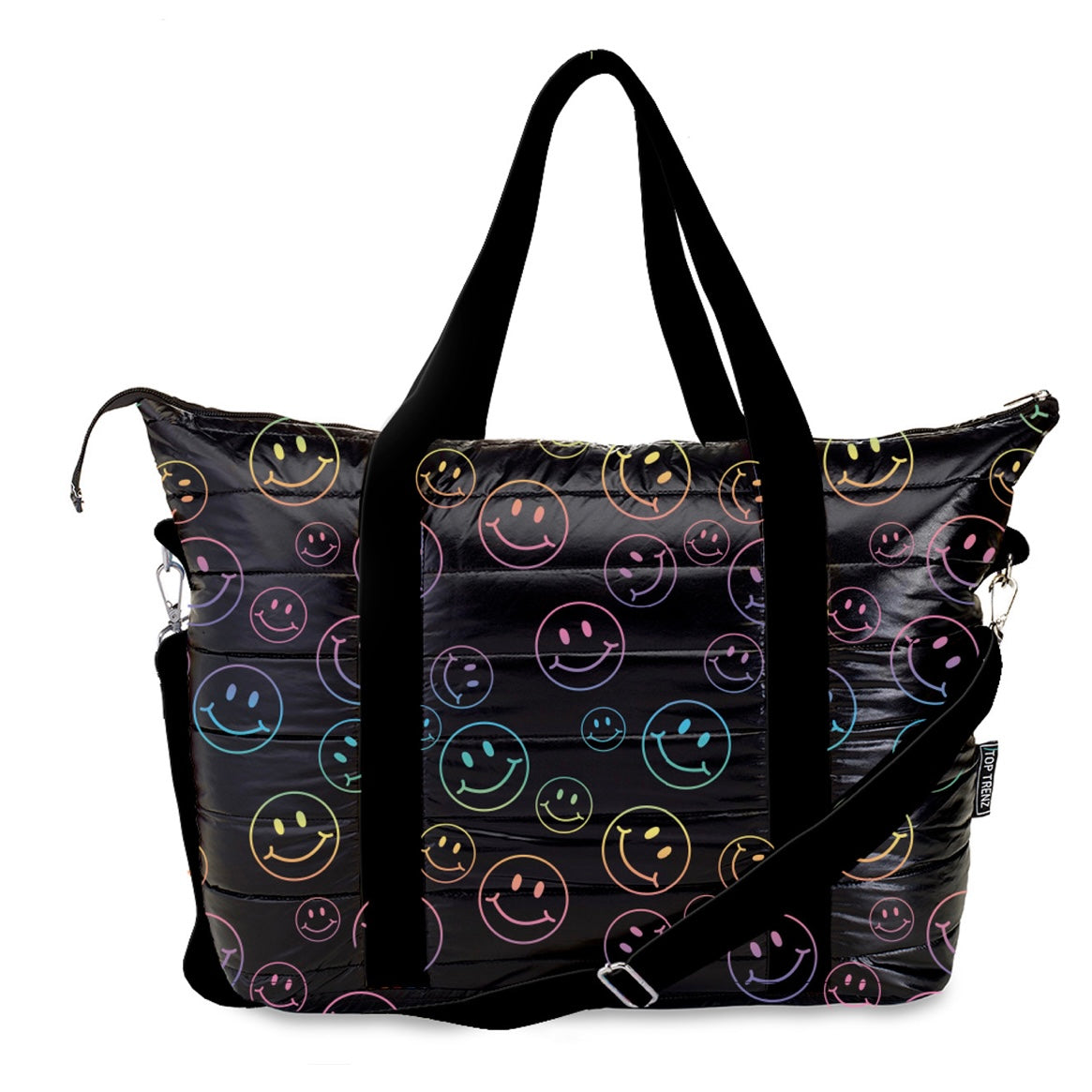 Top Trenz Black Puffer Smiley Tote Weekender Bag