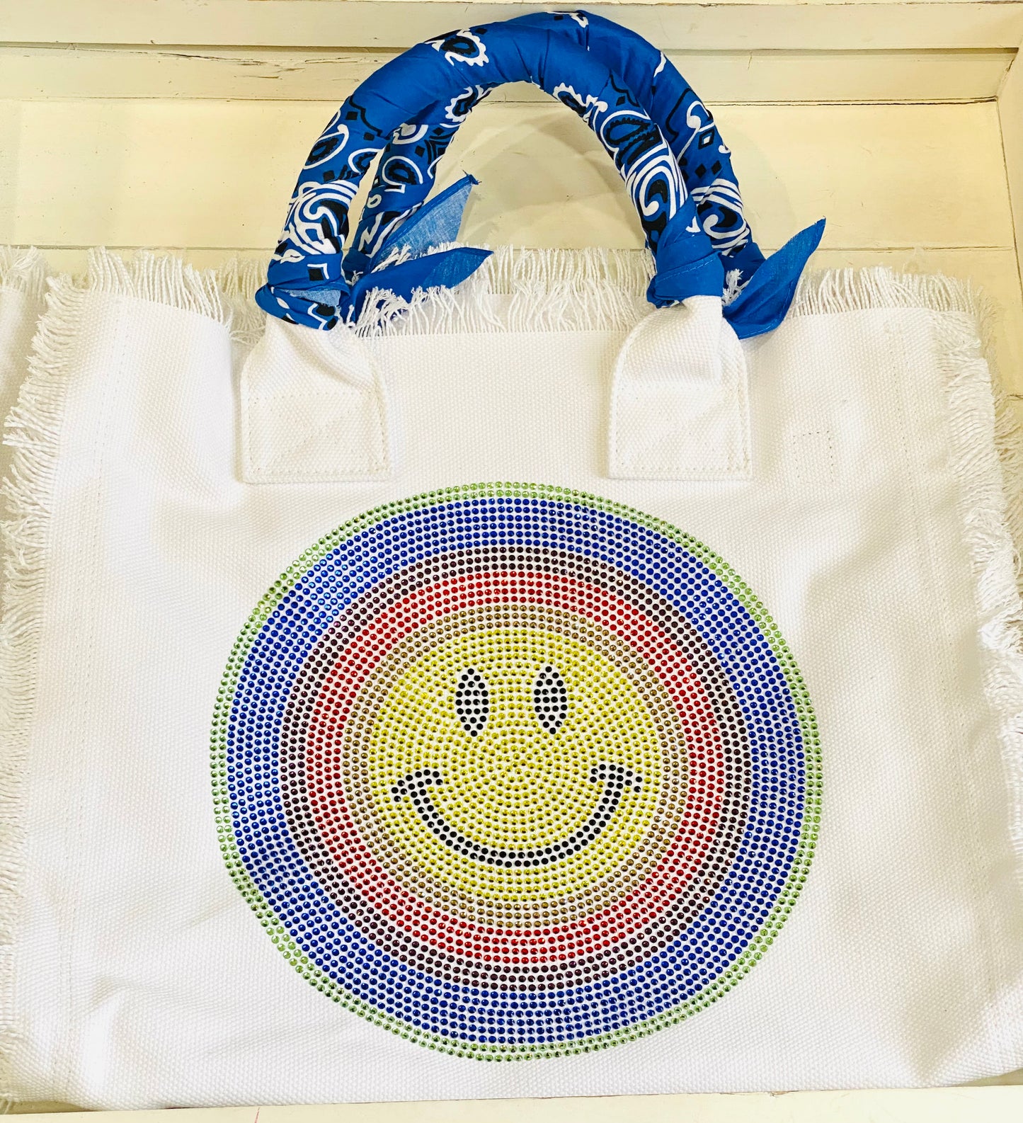 HIPCHICK COUTURE - Rainbow Smiley Fringe Canvas Bandana White Tote