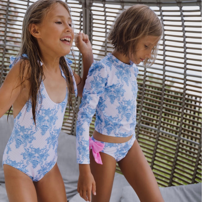 Piccoli Principi - Martinica 2pc Rash Guard Bikini - Blue Roses w/Pink Dots