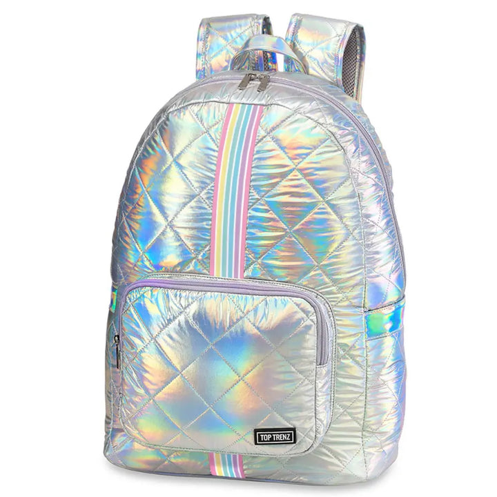 Top Trenz Iridescent Diamond Stitch Puffer Backpack w/Candy Stripe