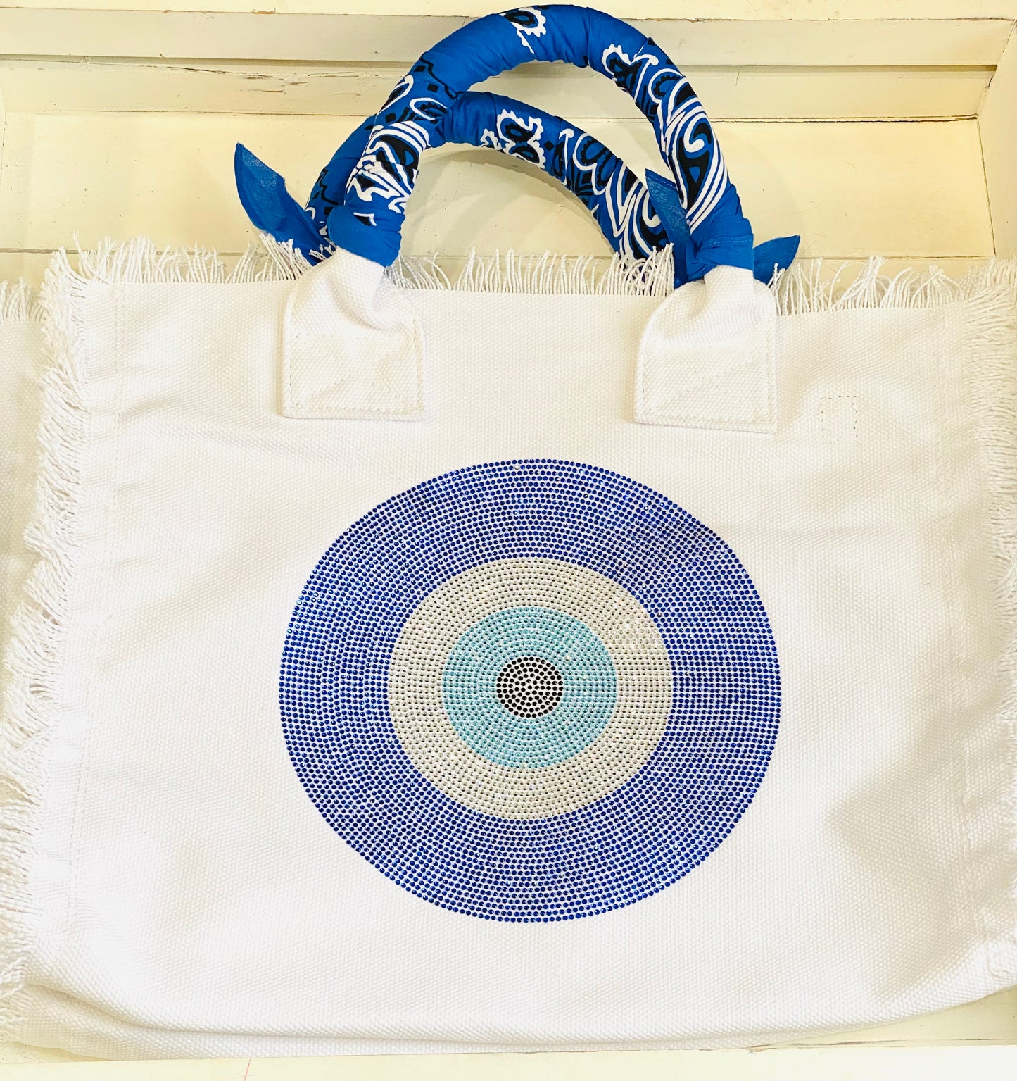 HIPCHICK COUTURE - Evil Eye Fringe Canvas Bandana White Tote