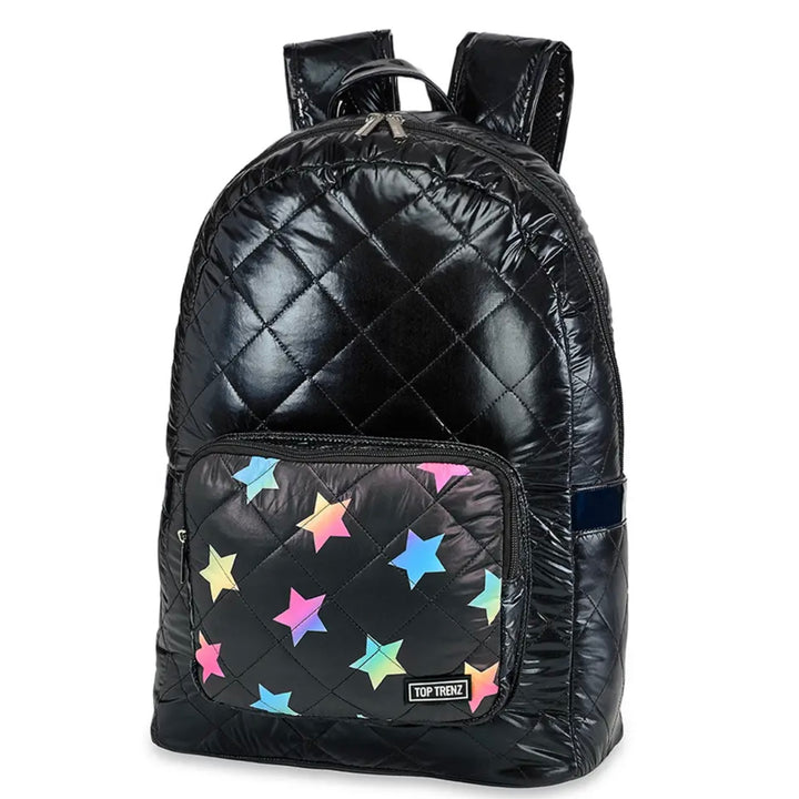 Top Trenz Black Diamond Stitch Puffer Backpack w/Scatter Rainbow Star Pocket