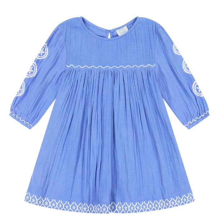 Mer St. Barth Girls Ella Embroidery Popover Dress - Aegean Blue