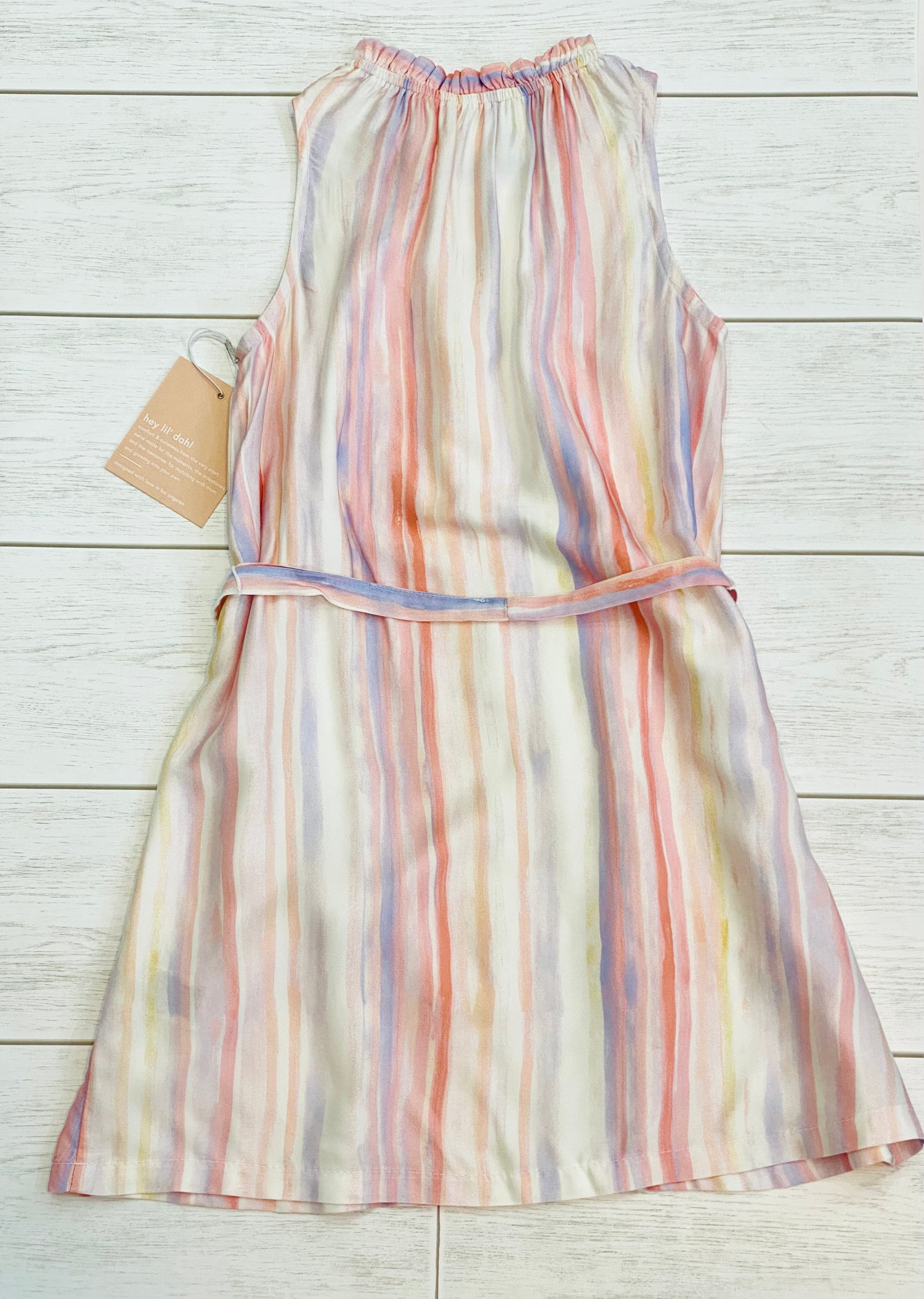 Bella Dahl Girls Stripe Ruffle Neck Button Shoulder Dress