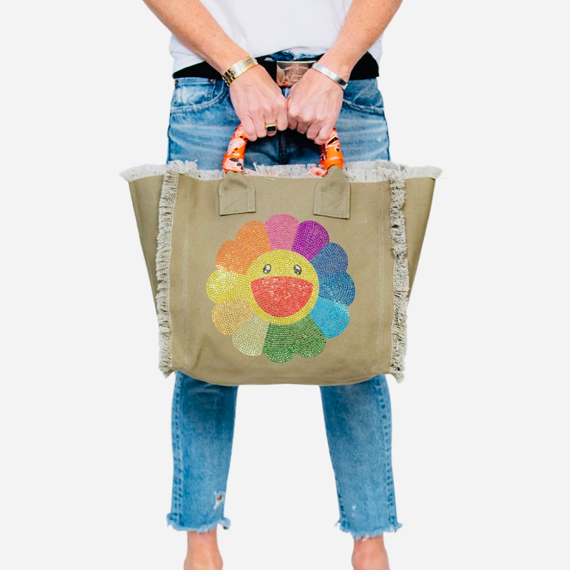 HIPCHICK COUTURE - Murakami Flower Fringe Canvas Bandana Olive Tote