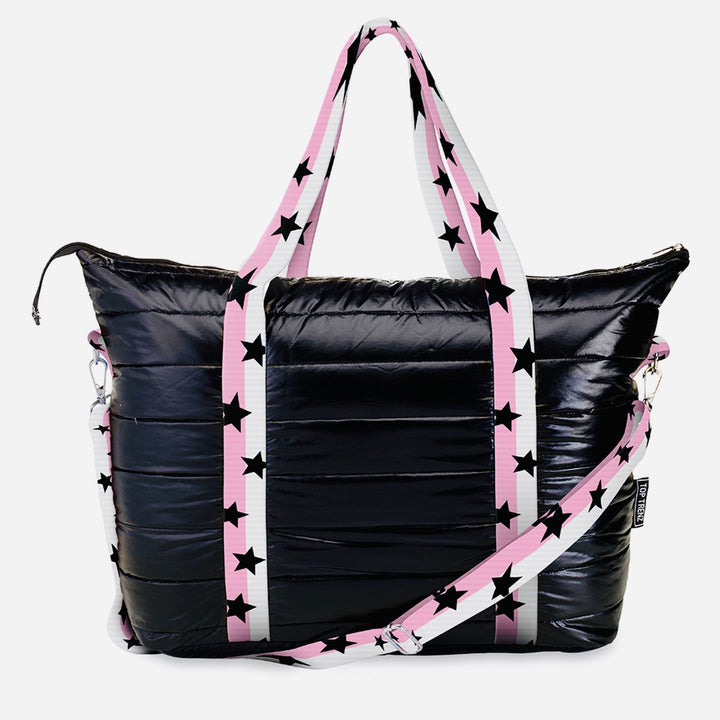 Top Trenz Black Puffer Tote Weekender Bag w/ Pink/White Split Star Straps