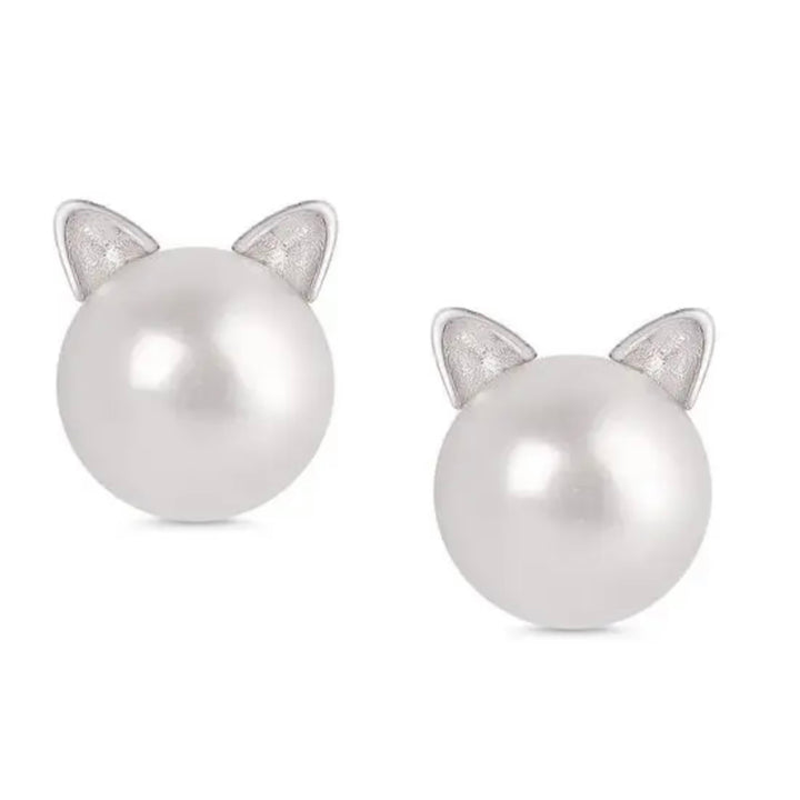 Freshwater Pearl Cat Stud Earrings In Sterling Silver
