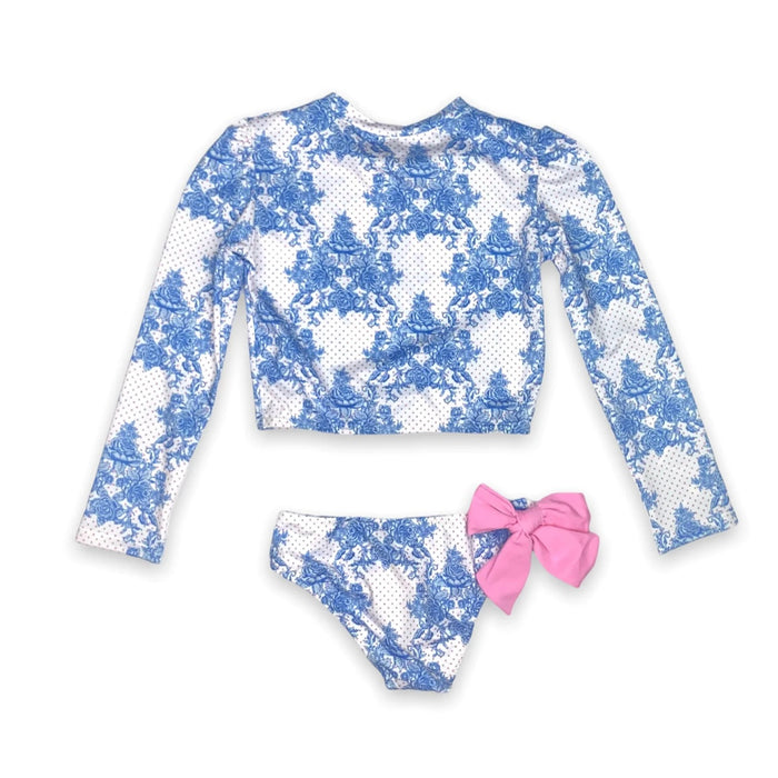 Piccoli Principi - Martinica 2pc Rash Guard Bikini - Blue Roses w/Pink Dots